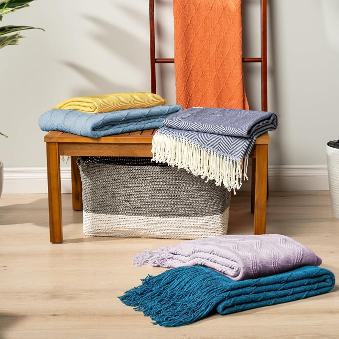 PAVILIA Dusty Blue Knit Throw Blanket for Couch, Twin Bed, Soft Knitted Farmhouse Sofa Throw for Living Room, Lightweight Decorative Summer Blanket for Chair, Outdoor Textured Boho Blanket, 60x80