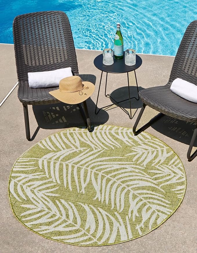 Unique Loom Outdoor Botanical Collection Area Rug - Palm (4' 1" Round, Green/ Ivory)