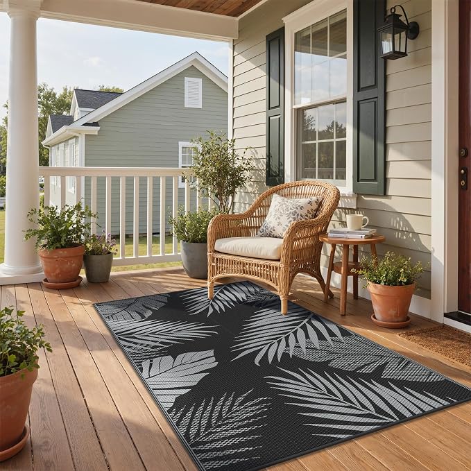 GENIMO Outdoor Rug 3' x 5' Waterproof for Patios Clearance, Reversible Outdoor Plastic Straw Camping Rug Carpet, Large Area Rugs Mats for RV, Camper, Deck, Balcony, Porch, Beach, Picnic, Black&Grey