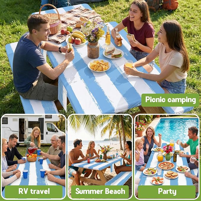 Wrakus Picnic Table Cover with Bench Covers Camping Essentials Waterproof Windproof Patio Outdoor Tablecloth with Storage Bag, Fitted Rectangle Tables and Seats Tablecover for Rv Owner Camper 72in