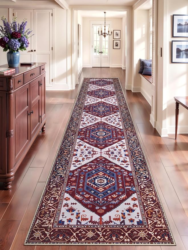 SERISSA 2'6"x14' Washable Non Slip Boho Runner Rug for Hallway | Ultra Soft Vintage Oriental Carpet Low-Pile Burgundy Navy Floor Carpet for Kitchen Bedroom Entryway Bathroom Laundry Room