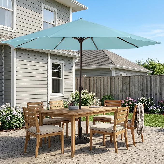 Pure Garden 9FT Round Patio Umbrella with 19lb Weighted Base - Easy Crank, Vented Canopy Outdoor Umbrella for Shade - For Deck, Balcony, Porch, Backyard, or Pool (Lake Blue)
