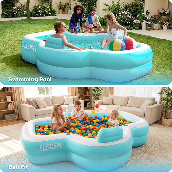SLOOSH Inflatable Pool for Family with Seats, 120" x 101" x 26" Full-Sized Blow Up Durable Thickened Above Ground Pool with Backrest Cup Holders,Swimming Pools for Backyard Summer Water Lawn, Cyan