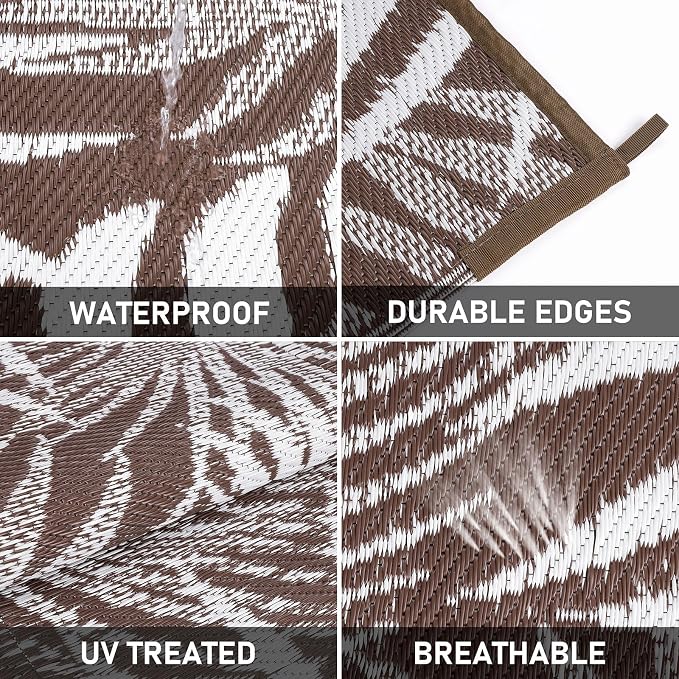 Outdoor Rugs 9'x12' for Patios Clearance Brown Reversible Outdoor Rug, Outdoor Plastic Straw Rug RV Camping Rug Large Outdoor Mat for RV, Patio, Backyard, Deck, Picnic, Beach, Trailer, Camping