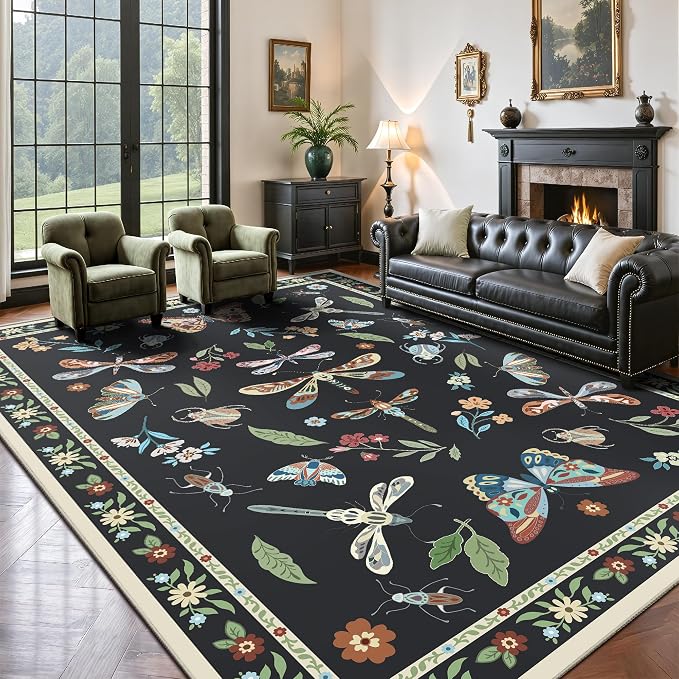 8x10 Area Rugs, Insect Ultra Soft Washable Rug Non Slip with Rubber Back, Stain Resistant Rugs for Living Room, Bedroom, Dining Room(Dark Black Butterfly)