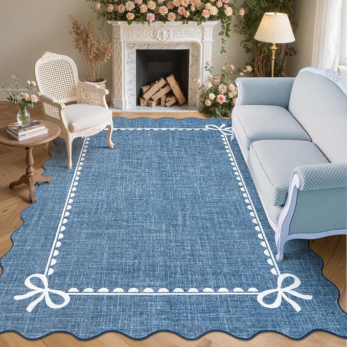 GarveeHome Scalloped Bow Rug 8x10 Washable Rugs for Living Room, Dark Blue | Non Slip Soft Low Pile Indoor Large Carpet for Nursery Girls Bedroom Decor Hallway Kids Room College Dorm Playroom