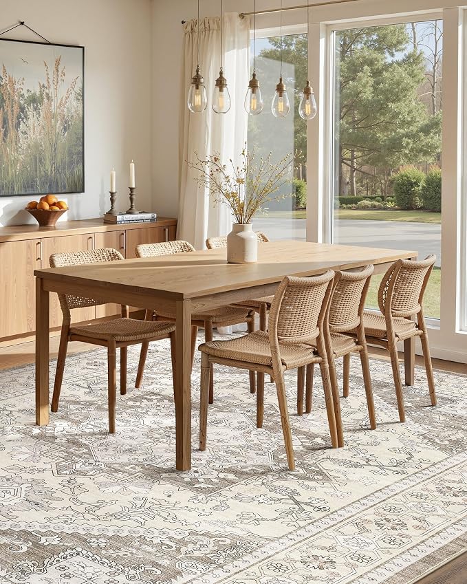 Washable Area Rug-12X15 Vintage Neutral Soft Brown | Non Slip Thin Foldable Large Floor Carpet for Living Room Bedroom Kitchen Dining Room Home Office Farmhouse Indoor