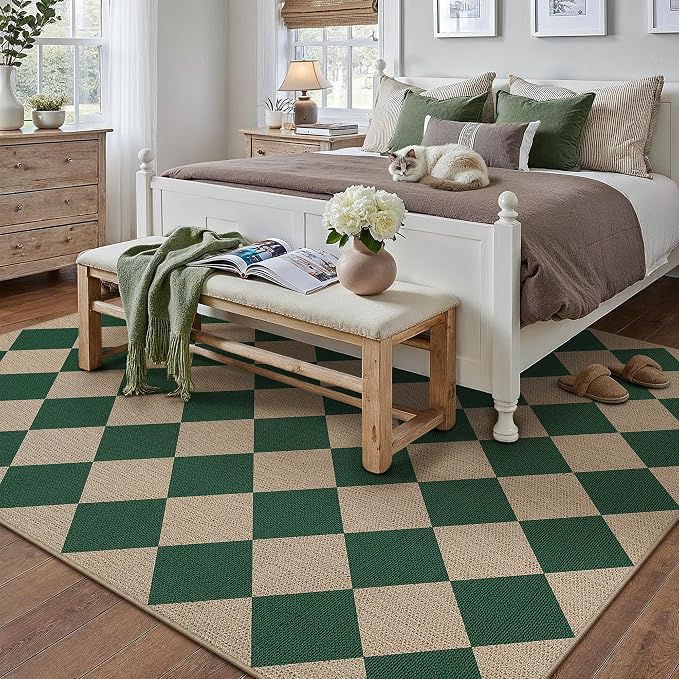 PureCozy 8x10 Checkered Easy Jute Area Rug for Living Room Large Checkerboard Washable Indoor Outdoor Carpet Farmhouse Patio Office Mat Geometric Non Slip Green Carpet for Backyard Dining Room