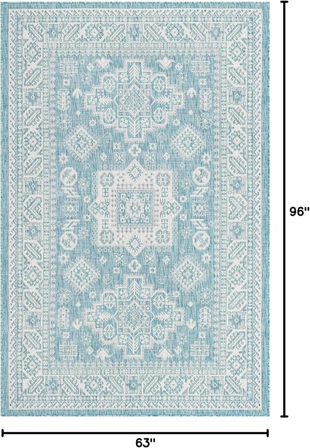 Unique Loom Outdoor Aztec Collection Area Rug - Chalca (5' 3" x 8' Rectangle, Aqua/ Ivory)