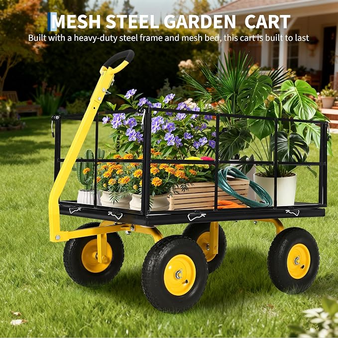 Garvee 1500 LB Heavy Duty Garden Wagon Cart, Outdoor Metal Utility Trailer | 13 in All Terrain Tires, 3-in-1 Yard Wagon Cart with Removable Side Panels for Outdoor Lawn, Yard, Backyard