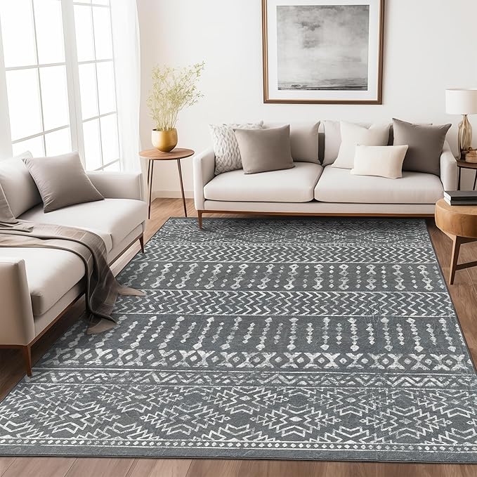 Art&Tuft 5x7 Area Rugs Non Slip, Thin Washable Rugs for Living Room, Grey | Low Pile, Soft & Lighweight, Folable, Stain Resistant Indoor Moroccan Carpet for Bedroom, Kitchen, Dining Room, Home Office