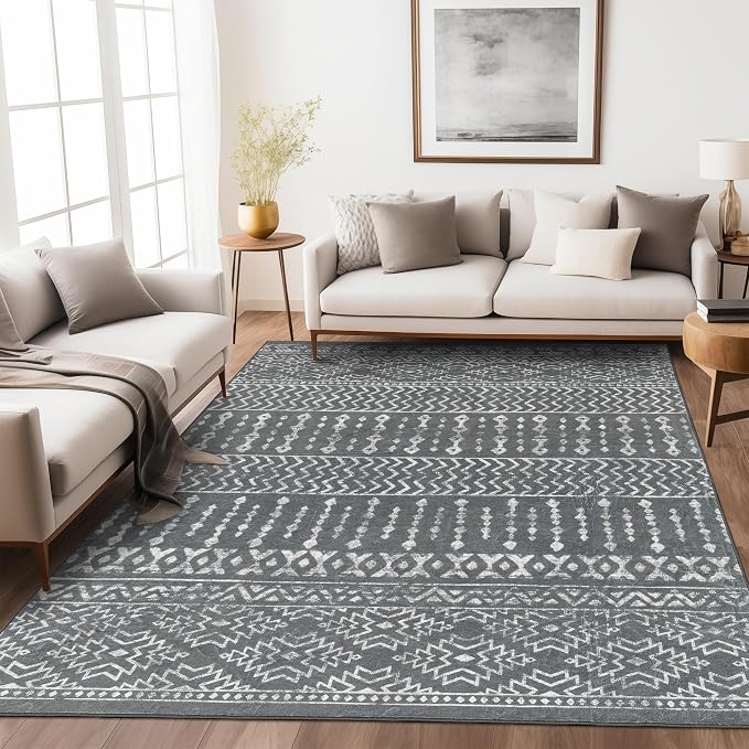Art&Tuft 3x5 Area Rug Non Slip, Moroccan Thin Washable Entryway Rug, Grey | Low Pile, Soft & Lighweight, Folable, Stain Resistant Small Indoor Carpet Rug for Living Room, Kitchen, Entrance, Doormat