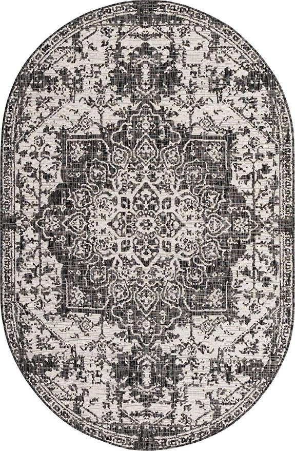 Unique Loom Outdoor Collection Area Rug - Dubai (5' 3" x 8' Oval, Charcoal Gray/ Ivory)