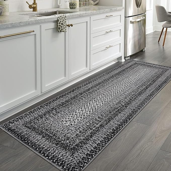 RUGSREAL Braided Print Runner Rug 2x8 Machine Washable Hallway Runner Rugs | Entryway Long Throw Carpet Non Slip Kitchen Mat Living Room Rustic Carpet for Bedroom Dining Room, Black