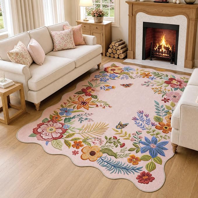 FMFUNCTEX 5x7 Washable Blush Pink Floral Scalloped Area Rug for Living Room | Vintage Flower Colorful Traditional Boho Distressed Soft Non Slip Low Pile Large Pattern Indoor Carpet Dining Bedroom Nursery