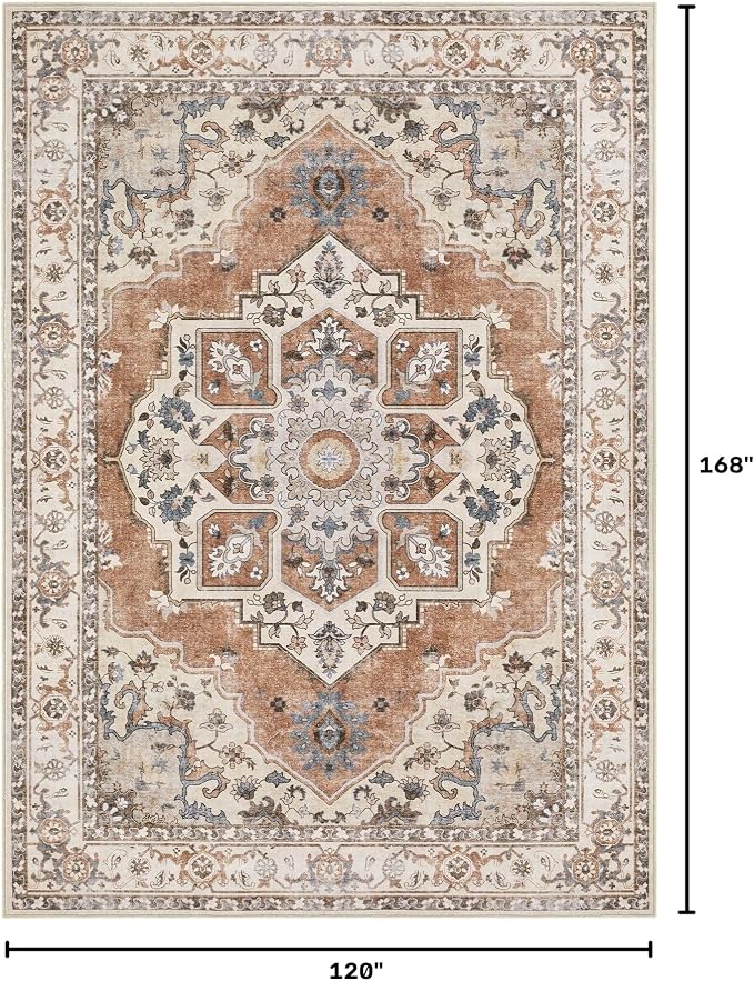 10x14 Washable Area Rug: Vintage Neutral Soft Non Slip Thin Large Floor Carpet for Living Room Bedroom Kitchen Dining Room Home Office Farmhouse Indoor - Brick Red