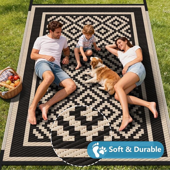 Kohree RV Outdoor Rug 8x10 Reversible, Waterproof Patio Mat with 4 Stakes & UV Fade Resistant, Non-Slip Outdoor Camping Mat for Deck, Picnic, Backyard, Includes Carry Bag (Black & Brown)