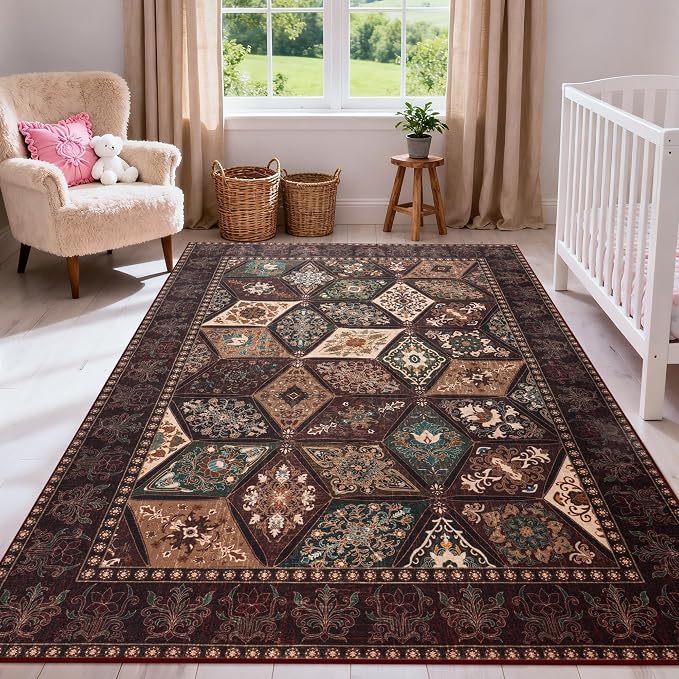 Moroccan Boho Floral Geometric Patchwork Washable 8x10 Large Rug | Vintage Distressed Non Slip Throw Carpet for Bedroom Livingroom Kitchen Hallway Entryway Office Dining Room Docer, Brown
