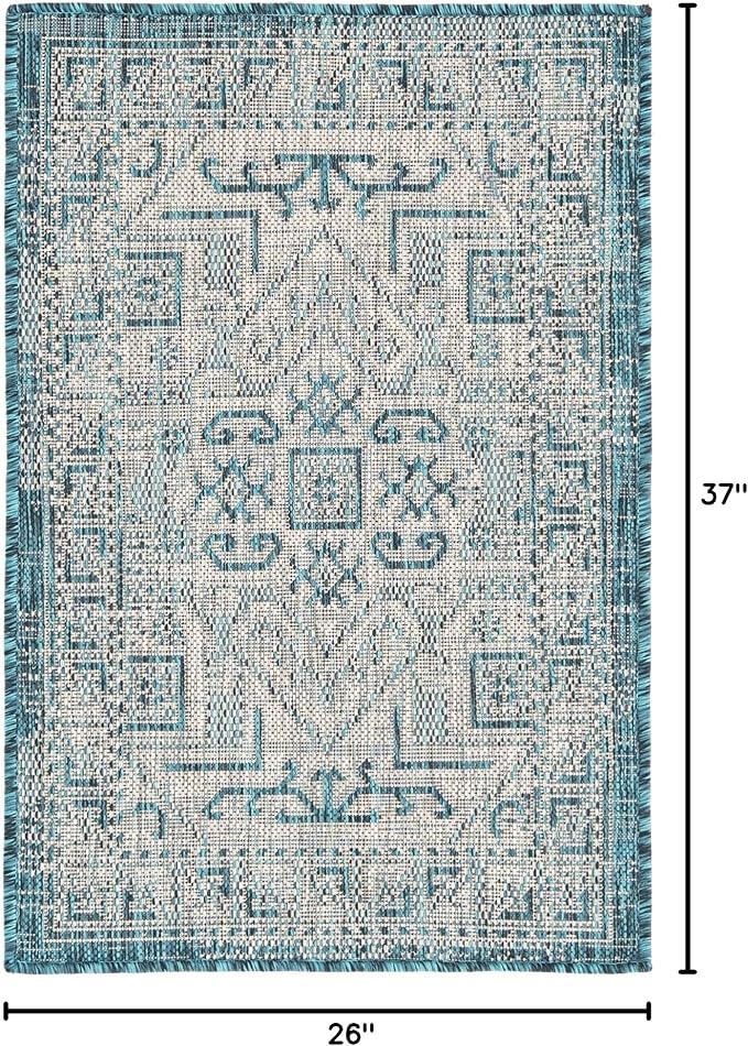 Unique Loom Outdoor Aztec Collection Area Rug - Coba (2' 2" x 3' 1" Rectangle, Teal/ Ivory)