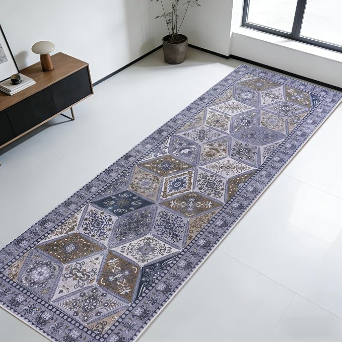 Moroccan Vintage Distressed Boho Geometric Dark Grey 2x6 Runner Rug | Washable Non Slip Throw Floor Long Carpet Runner for Hallway Entryway Kitchen Bathroom Bedroom Livingroom Light Grey