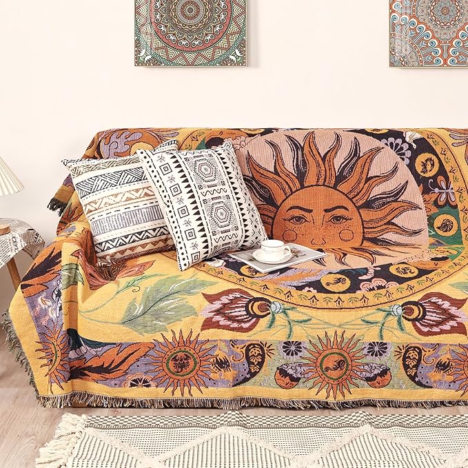 Boho Throw Blanket for Bed Couch Sofa Reversible Cotton Bohemian Travel Boho QuiltMexican Muslin Blanket Tapestry Hippie Room Decor Outdoor Blanket Double Sided (Sun Pattern Yellow 70"x90")