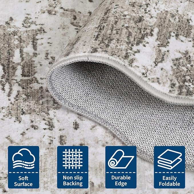 ROYHOME 2x6 Modern Abstract Scalloped Runner Rug Non Slip, Taupe | Soft Stain Resistant Low Pile Machine Washable Non Shed Rug for Hallway Kitchen Bathroom