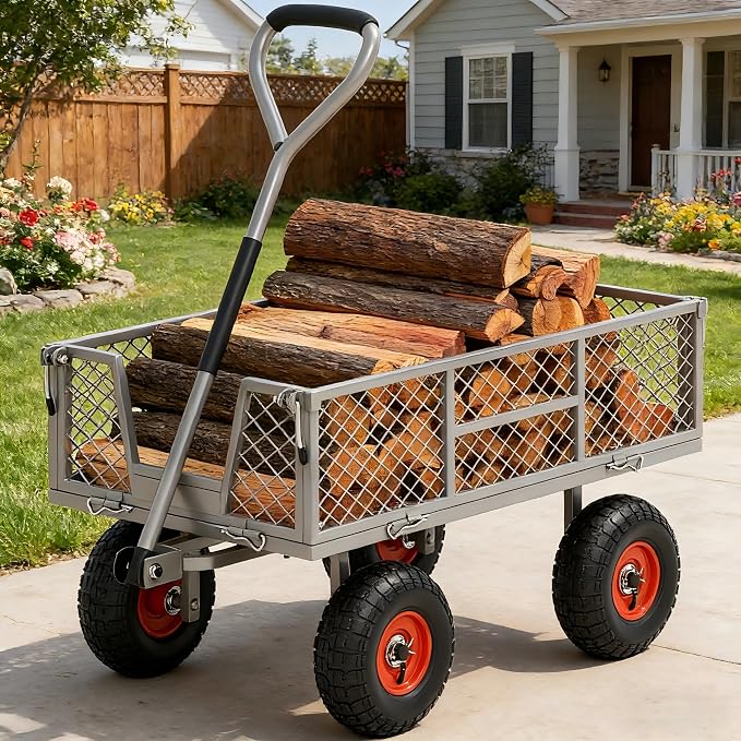 Heavy Duty Garden Cart, 900 lb Steel Wagon with All Terrain Tires | Removable Sides Become Flatbed, 180° Rotating Handle,for Yard, Garden, Hauling