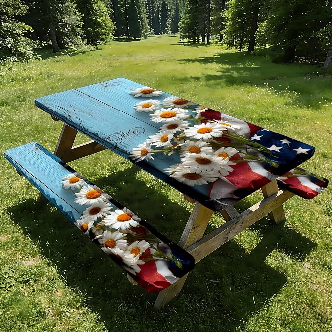 NYZE 3 Pieces Outdoor Picnic Table Cover with Bench Covers Set, Blue Wooden Daisies Camping Tablecloth Bench Covers with Drawstring Bag, Camping Essentials for Outdoor Picnics, Patio, BBQ