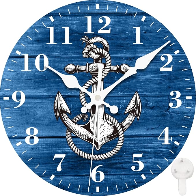Wall Clock, Nautical Anchor on Blue Wood Silent Non Ticking Battery Operated Round Decorative Indoor Outdoor Clocks for Living Room Kitchen Bedroom Bathroom Patio 12"