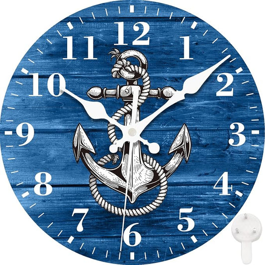 Wall Clock, Nautical Anchor on Blue Wood Silent Non Ticking Battery Operated Round Decorative Indoor Outdoor Clocks for Living Room Kitchen Bedroom Bathroom Patio 12"
