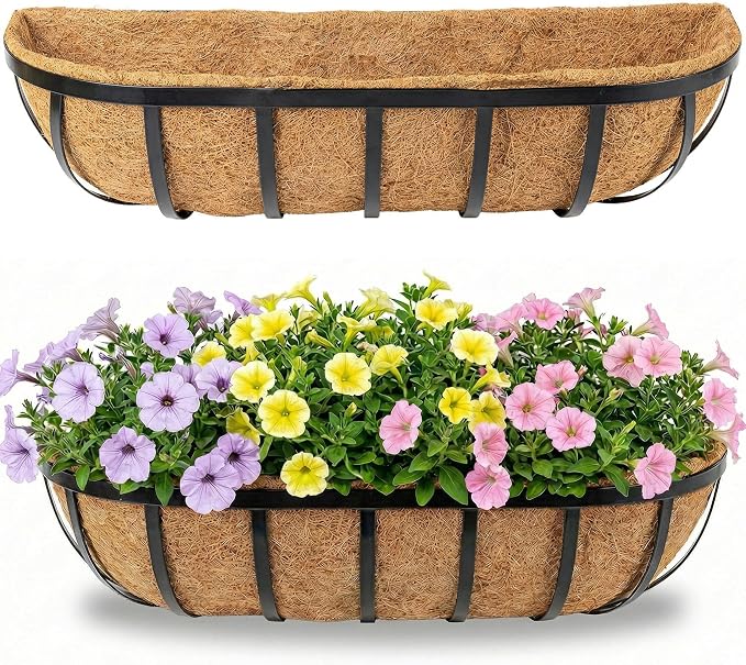 HFHOME 2 Pcs 24" Railing Planter Box with Horse Trough Coco Liners, Black Window Boxes Metal Hanging Flower Planters Baskets for Indoor, Outdoor, Balcony, Porch, Fence, Patio, and Lawn