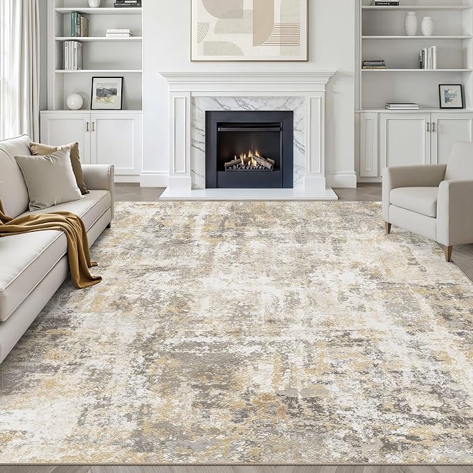 LOONGRUG 7x9 Area Rug Washable Neutral Modern Rug for Living Room Gray Gold | Abstract Soft Stain Resistant Indoor Non-Slip Carpet for Bedroom Nursery Kids Office Playroom Dining Room