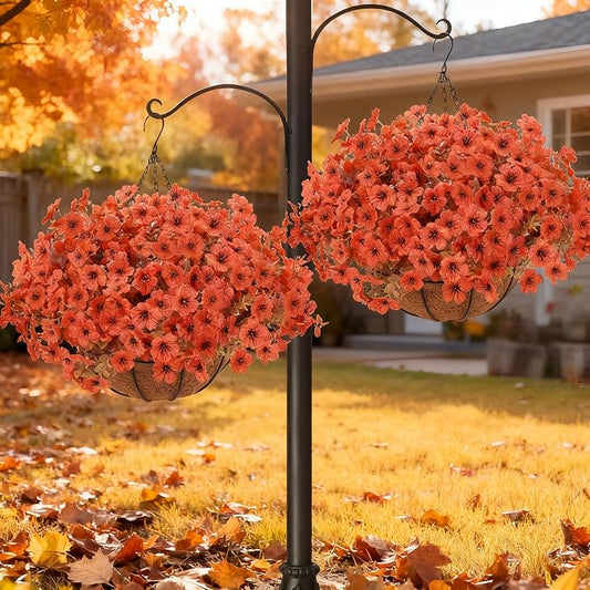 Artificial Hanging Basket Flowers, 24 Pcs Orange Mums, UV Outdoor Flowers | Look Real Mums Flowers with Hanging Baskets for Autumn Porch Patio Balcony Yard Home Decor