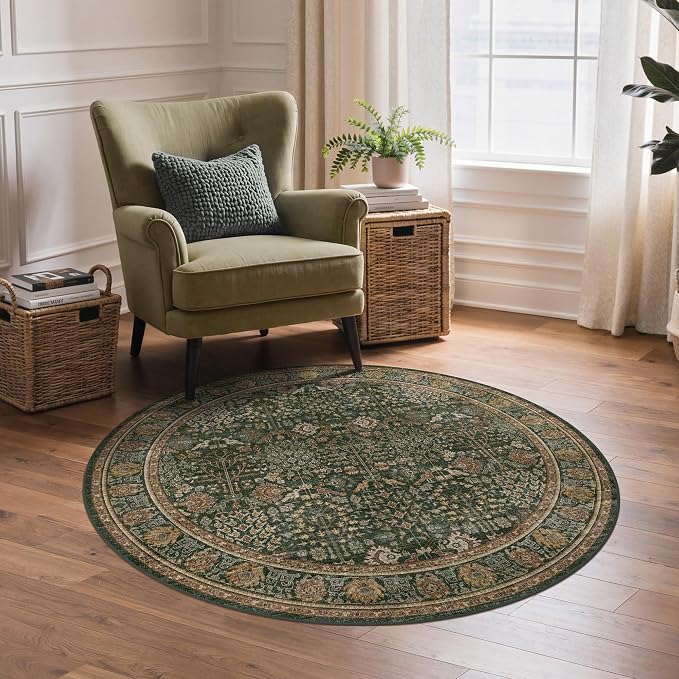 4ft Round Area Rug 4x4, Washable Non Slip, Dark Green Brown | Vintage Floral, Spill Resistant, Lightweight Low Pile Non-Shedding Carpet for Bedroom, Nursery and Kitchen