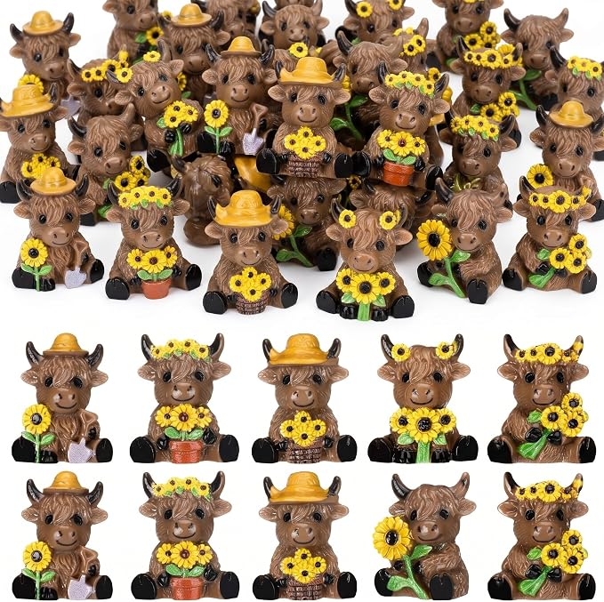 Yaomiao 60 Pcs Mini Highland Cow Figurines Resin Sunflower Highland Cow Figurines Cute Miniature Resin Gift Statue Decorations for Office Garden Desk Tabletop Festive Party Home Kitchen Tiered Tray