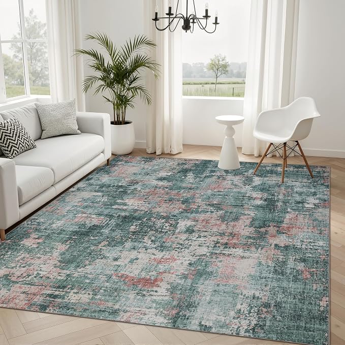 Sasttie 6x9 Washable Area Rug, Modern Abstract Carpet, Pink & Green | Ultra-Soft Faux Wool, Low Pile, Non-Slip, Lightweight, Thin, for Living Room, Bedroom, Dinning Room & Dorm