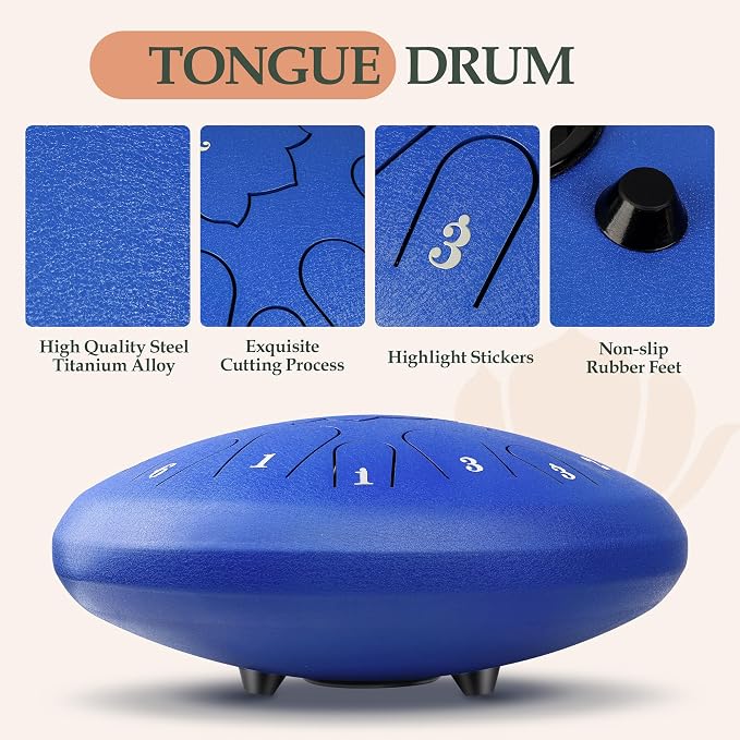 Steel Tongue Drum - 15 Note 12 Inch C Major Handpan Drum for Meditation and Beginners, with Music Book, Rain Drum Mallets, and Carrying Case (Blue, 12 Inch)