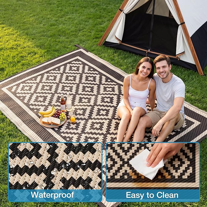 Kohree RV Outdoor Rug 9x12 Reversible, Waterproof Patio Mat with 4 Stakes & UV Fade Resistant, Non-Slip Outdoor Camping Mat for Deck, Picnic, Backyard, Includes Carry Bag (Black & Brown)