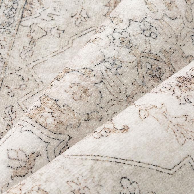 Beige 2.6x8 Washable Runner Rug Vintage Oriental Medallion Carpet | Soft Low Pile, Non Slip, Stain Resistant, Neutral Retro Decor for Hallway, Entryway, Bedroom, Kitchen, Entryway