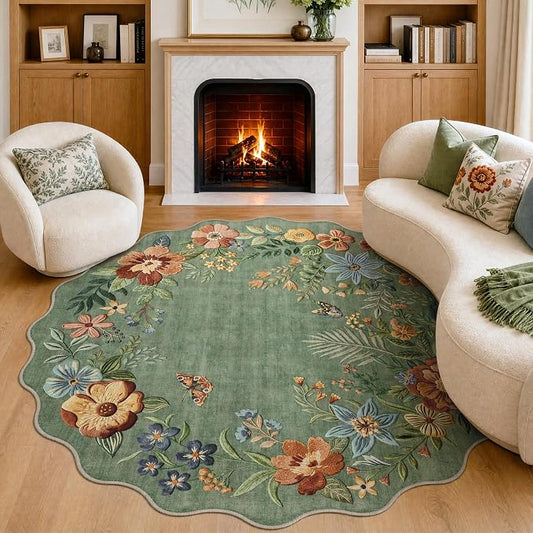 FMFUNCTEX 5ft Round Washable Sage Green Scalloped Area Rug for Living Room | Floral Rug Non Slip Vintage Flower Colorful Traditional Boho Small Soft Low Pile Cottage Circle Dining Room Bedroom Entryway