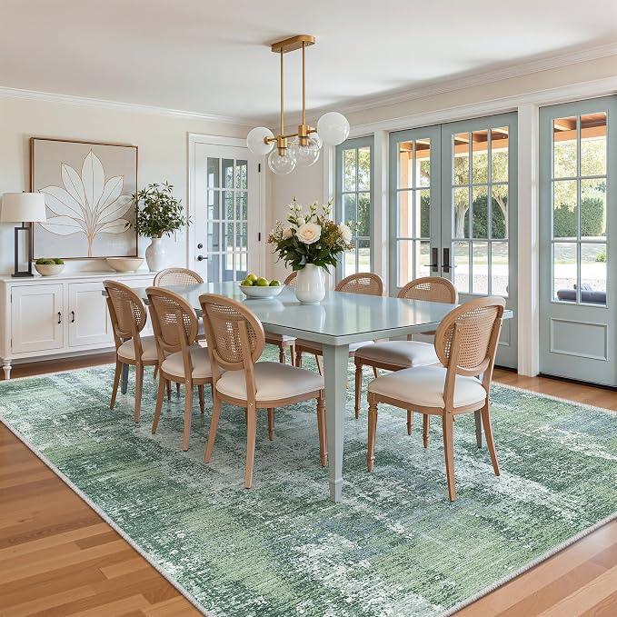Valenrug 8x10 Area Rugs for Living Room, Abstract Washable Rug, Sage Green | Soft Thin & Lighweight, Folable, Stain Resistant Low Pile Non Slip Modern Distressed Carpet Rugs for Bedroom, Dining Room