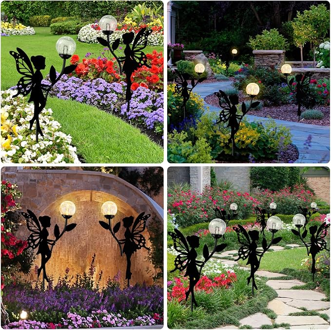 2 Pack Solar Fairy Garden Decor with Crackle Glass Globe Lights | Metal statues silhouette, waterproof, for outdoor lawn patio yard pathway home mother's day decorations gardening gifts