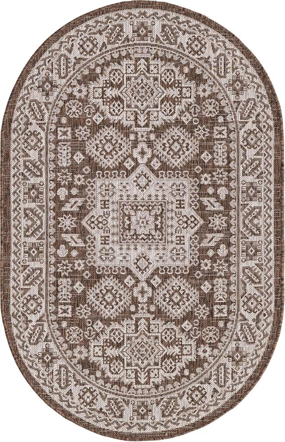 Unique Loom Outdoor Aztec Collection Area Rug - Chalca (3' 3" x 5' 3" Oval, Brown/ Ivory)