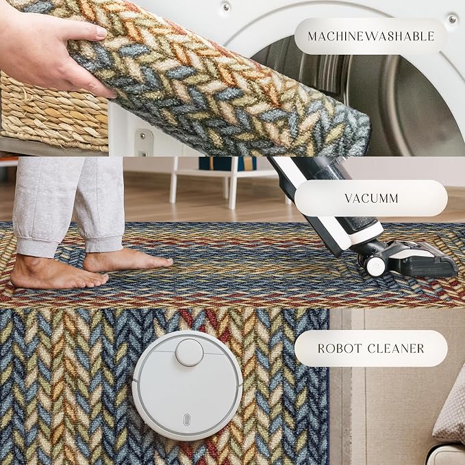 Maples Rugs Marion Bohemian Braided-Style Print Area Rug – Made in USA – Washable, Non-Slip Low-Profile Small Indoor Rug for Entryway & Kitchen, 46" x 30", Multi-Color