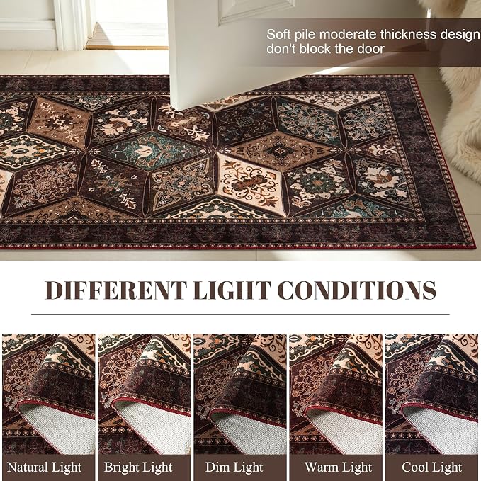 Moroccan Vintage Distressed Boho Geometric Brown 2.7x8 Runner Rug | Patchwork Washable Non Slip Throw Floor Long Carpet Runner for Hallway Entryway Kitchen Bathroom Bedroom Livingroom Rug