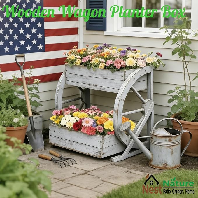 2 Tier Medium Wooden Wagon Planter Box|Outdoor Planter/Flower Pot for Indoor&Outdoor Plants-Rustic Garden Planter for Patio,Porch&Garden Decor-Raised Garden Bed for Succulents,Herbs,Vegetables