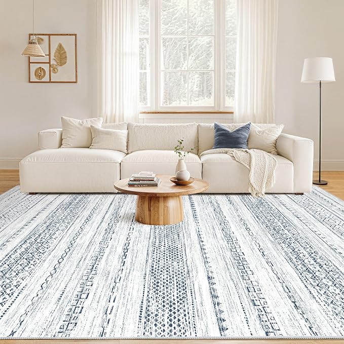 Nakagishi 8x10 Area Rugs Living Room: Washable Boho Large Neutral Soft Farmhouse Rug Stain Resistant Modern Indoor Floor Non-Slip Carpet for Bedroom Nursery Kids Playroom Office Dining Dorm-White Blue