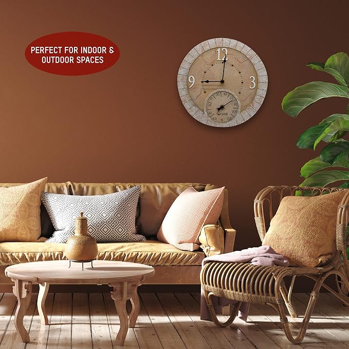 Taylor Terra Cotta Poly Resin Indoor and Outdoor Clock and Thermometer, Home Decor for Garden, Patio, Pool, and Indoor Areas, 14-inch, Multi-Color