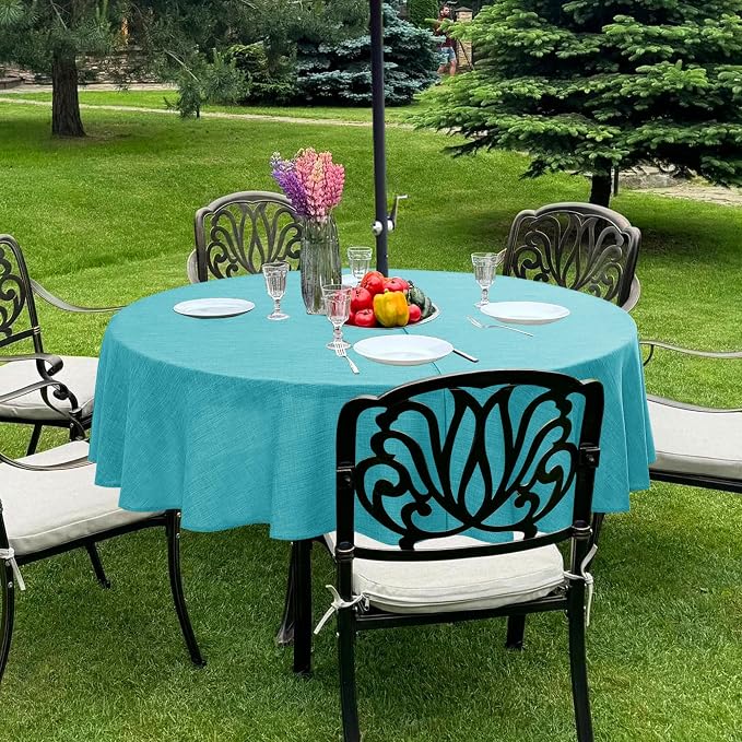 LUSHVIDA Outdoor Tablecloth with Umbrella Hole - Patio Table Cloth Zippered Round 60 Inch, Teal Linen-Look Polyester Table Cover Water Resistant for Picnic Outside