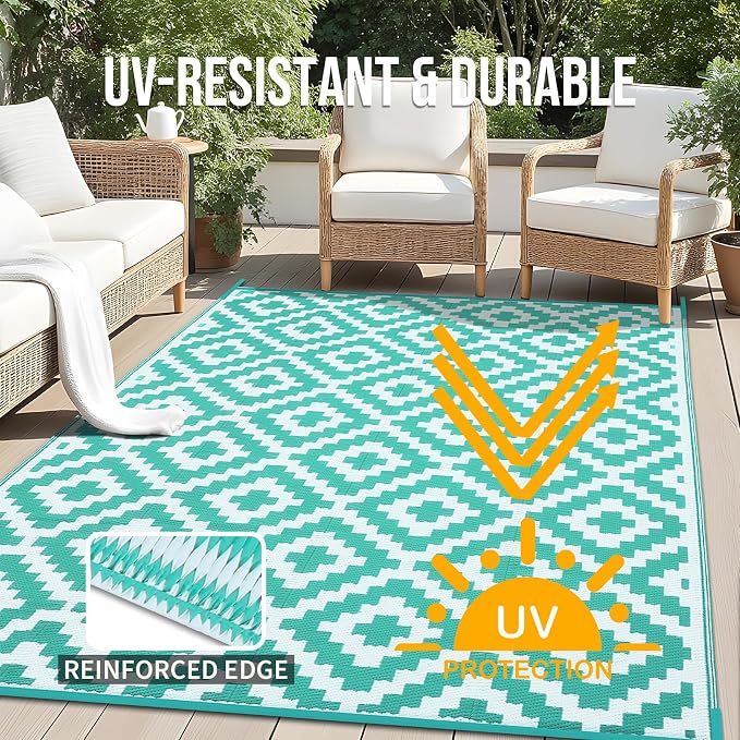 OLANLY Waterproof Outdoor Rug 8x10 ft, Outdoor Plastic Straw Rug for Camping, RV Mat Outside, Outdoor Carpet for Porch, Deck, Backyard, Balcony, Picnic, Turquoise & White